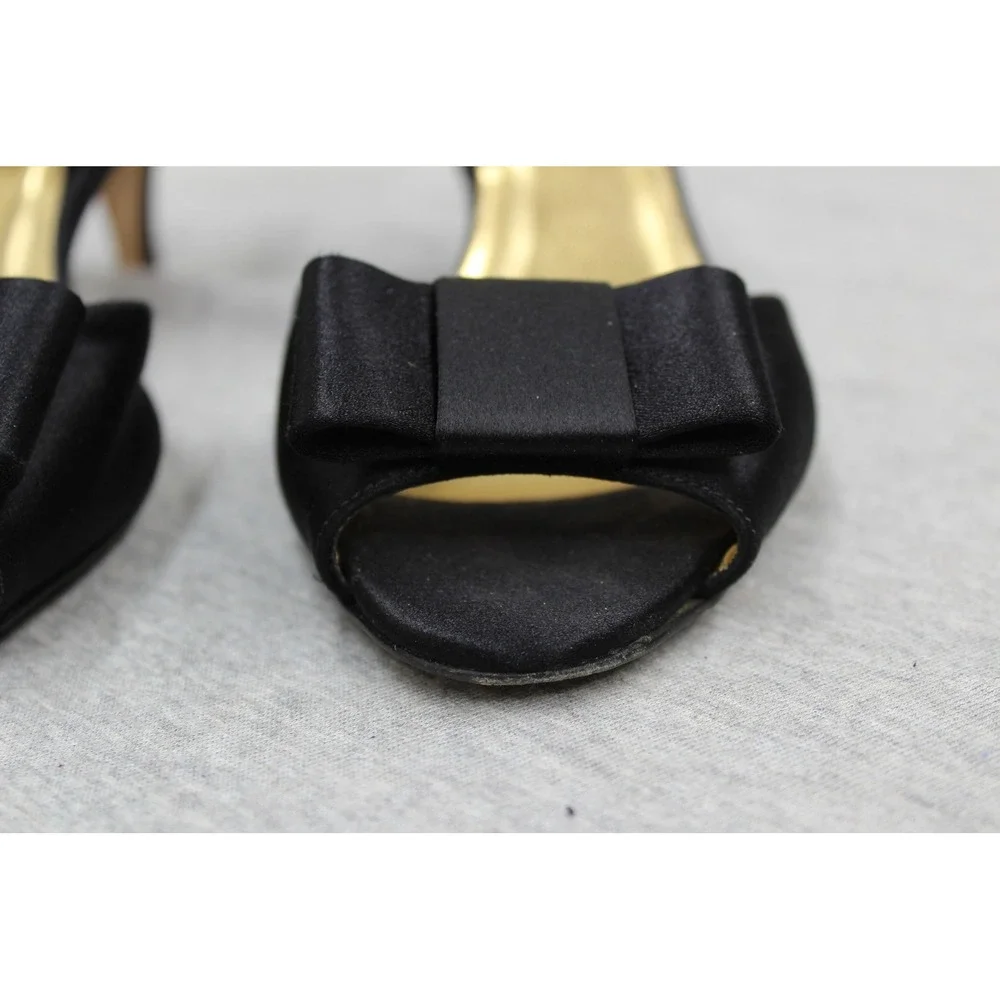 Kate Spade Heels Womens 6.5 Black Satin Peep Toe Bow Slingback Kitten Heel Italy